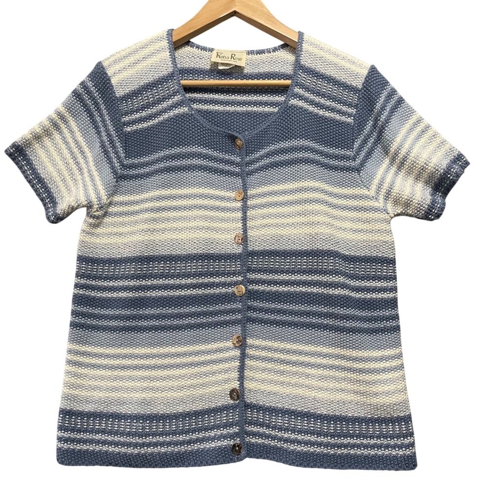 Reba Rose Cardigan Sweater Womens‎ Large Blue Striped Knit Grandmacore Coastal